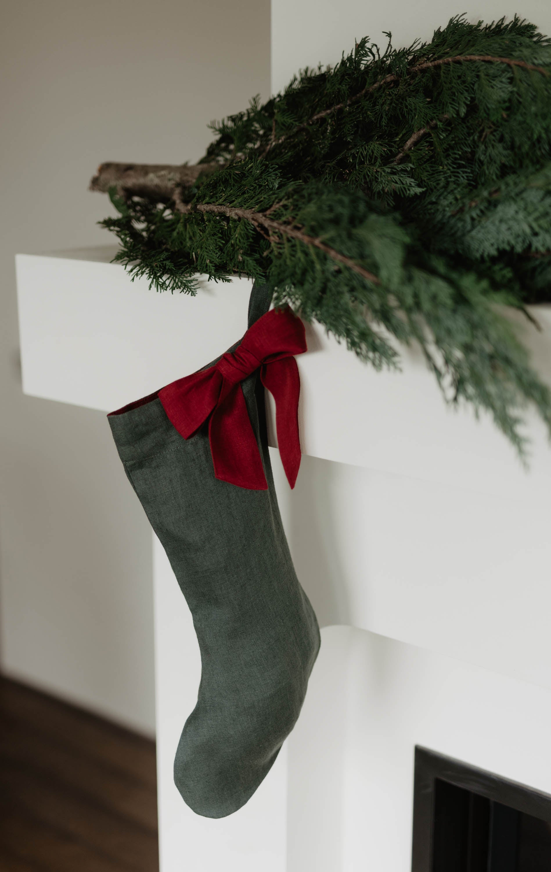 Laumė linen Christmas Linen chaussette de Noël avec nœud vert forêt
