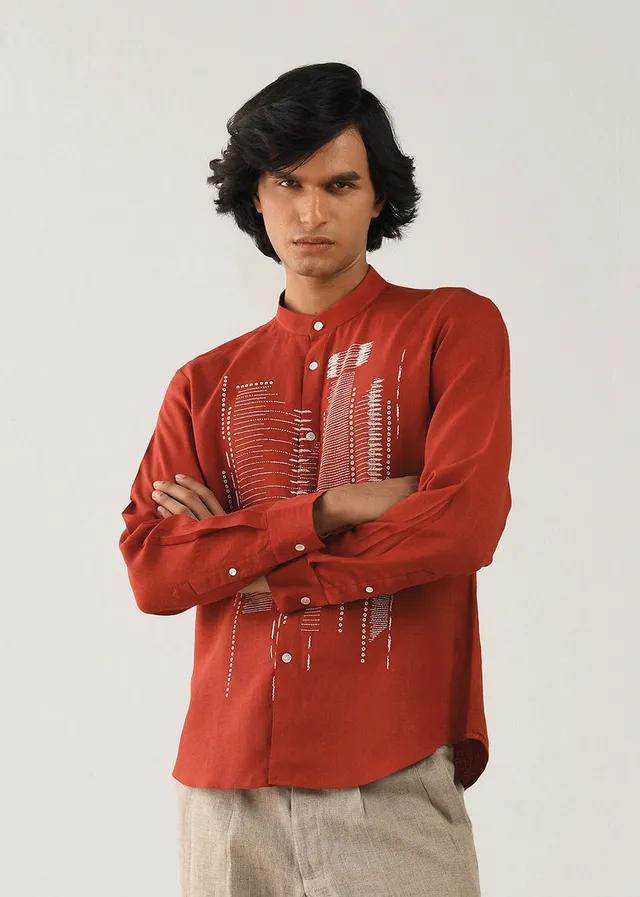 COUNTRYMADE Shirts Dots Dash Hand embroidered Shirt chemise rouge terre en lin