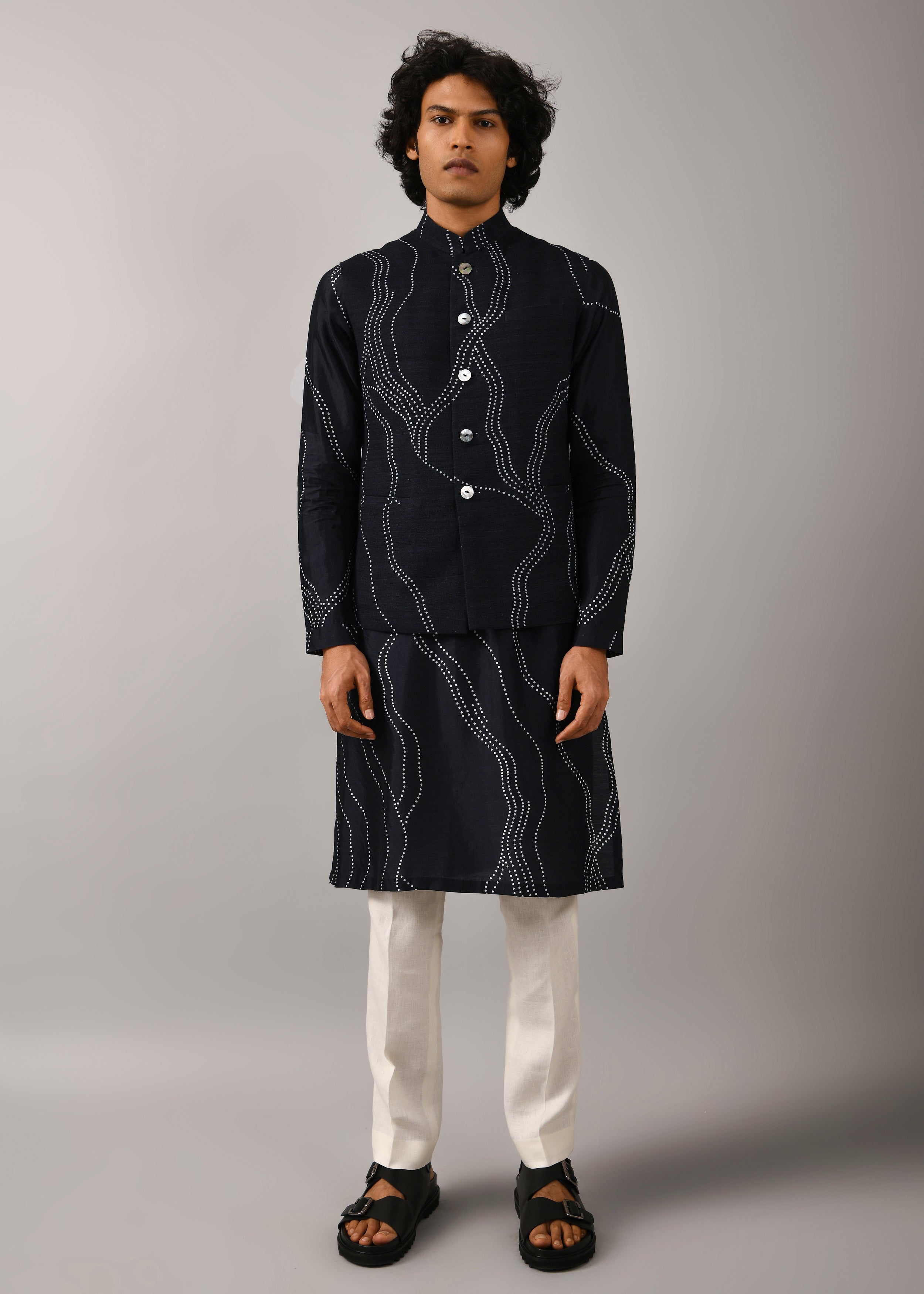 COUNTRYMADE Nehru Jackets Constellation Printed Bundi veste marine coton soie