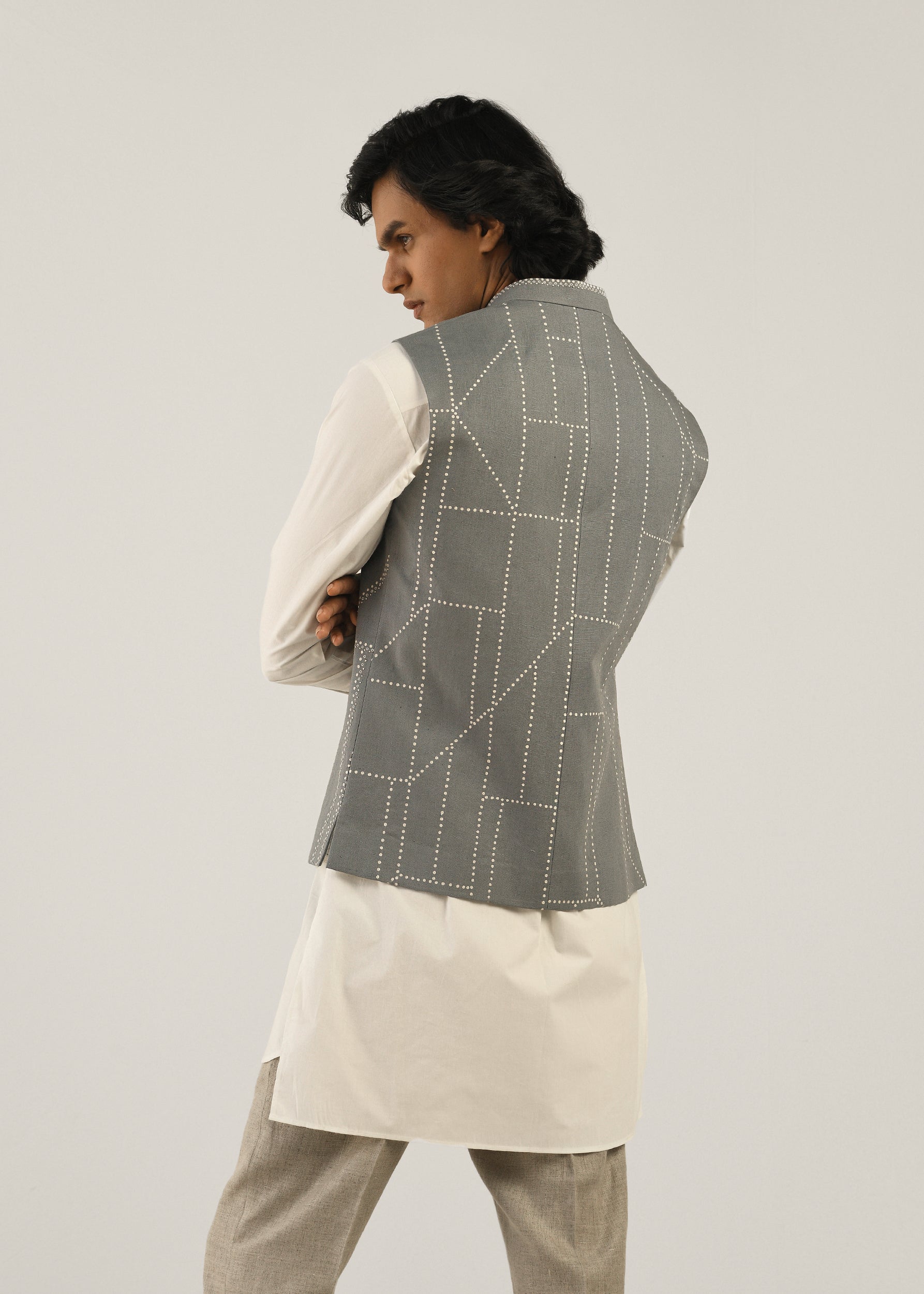 COUNTRYMADE Nehru Jackets Fuselage Hand Embroidered Bundi veste gris fumée lin coton