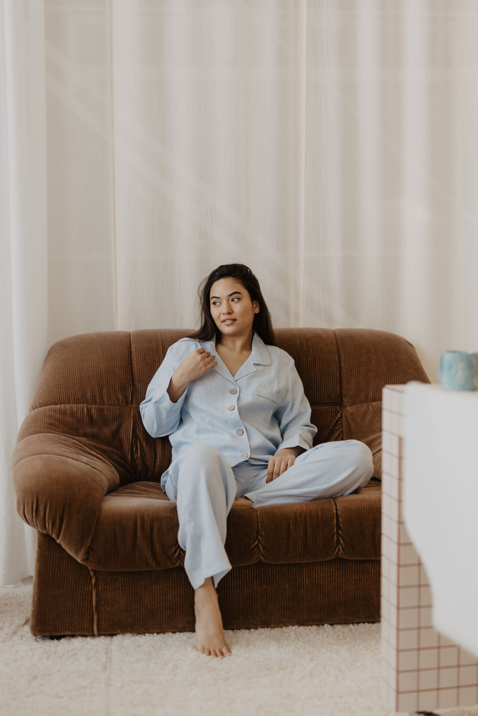 Laumė linen Loungewear PILNATIS pyjama bleu ciel en lin