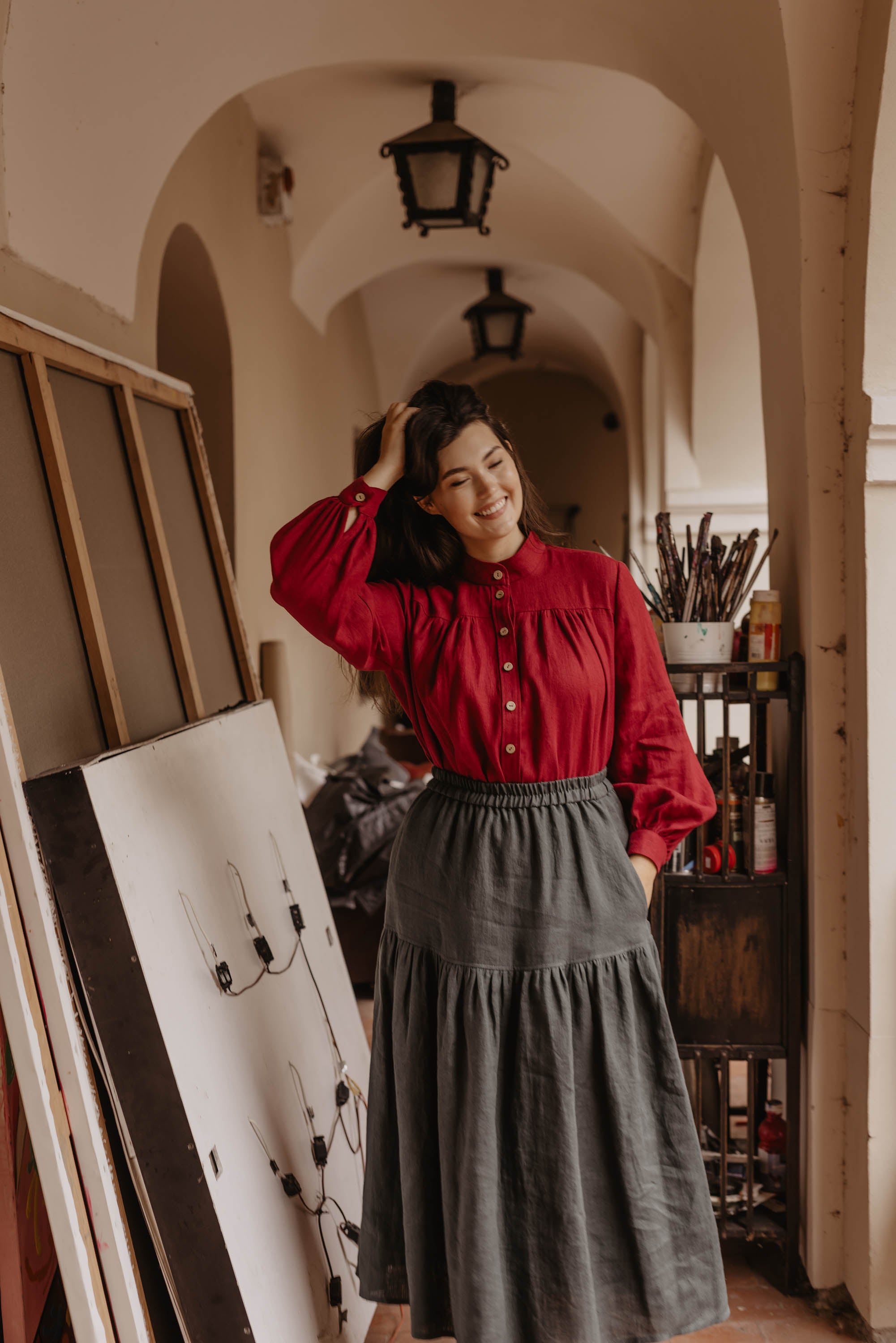 Laumė linen Linen Bottoms Vakarė jupe vert à carreaux en lin