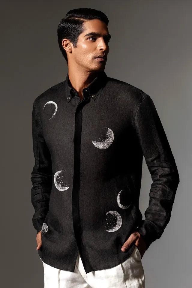 COUNTRYMADE Shirts Moon Shirt chemise en lin noire brodée lune