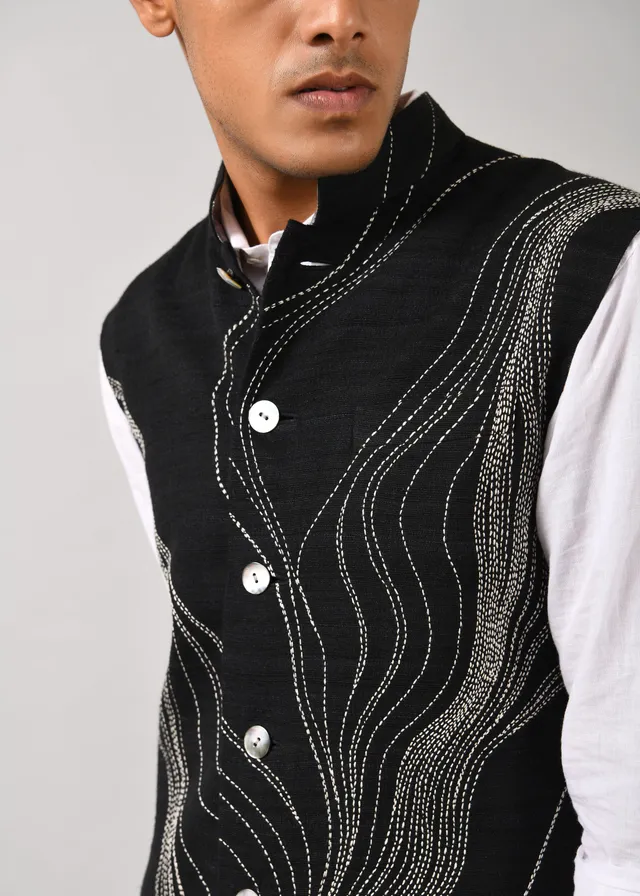 COUNTRYMADE Nehru Jackets Horizon Embroidered Bundi veste noire M coton-soie