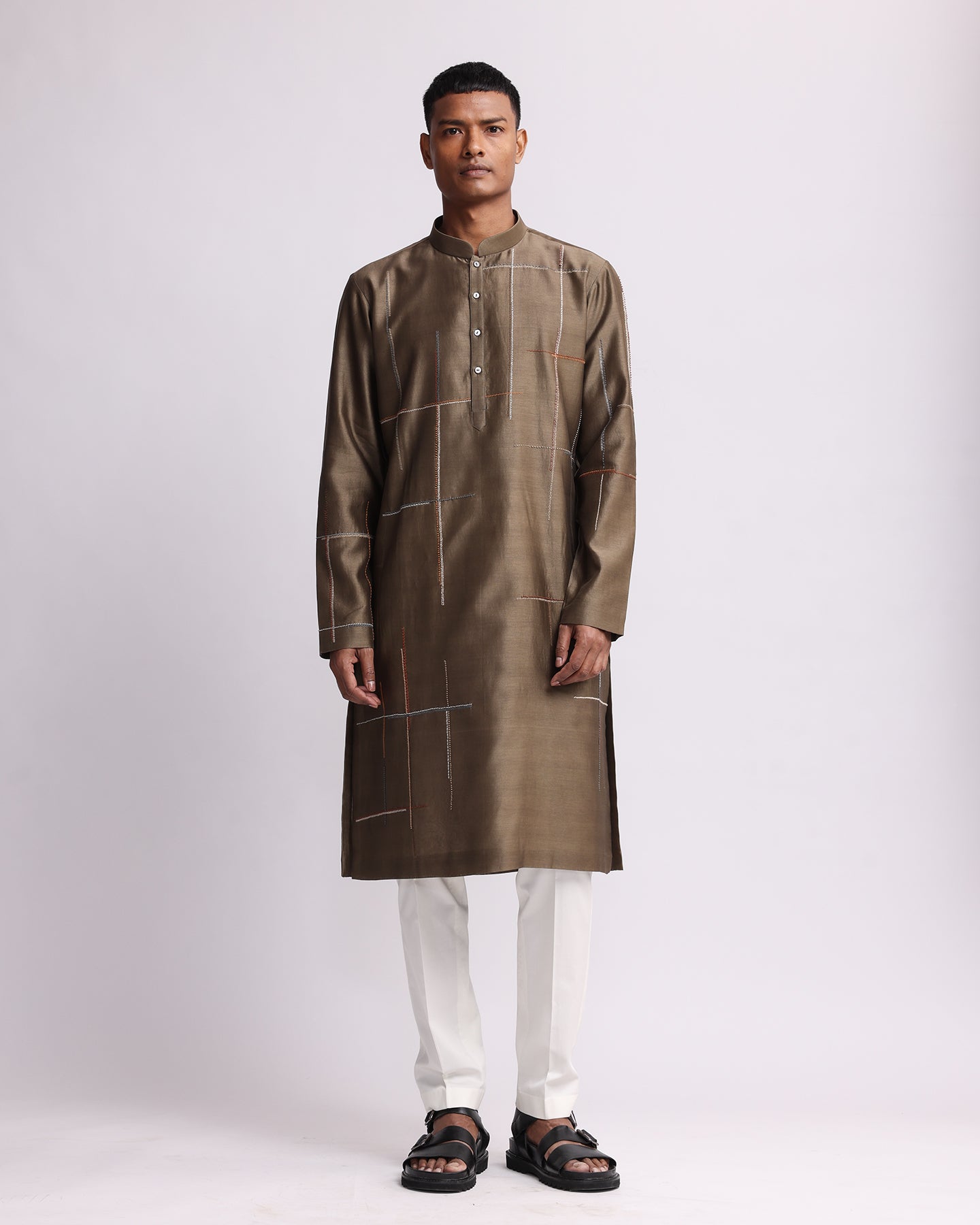 COUNTRYMADE Kurtas Placement Checks Hand Embroidered Olive Kurta Set ensemble kurta brodé