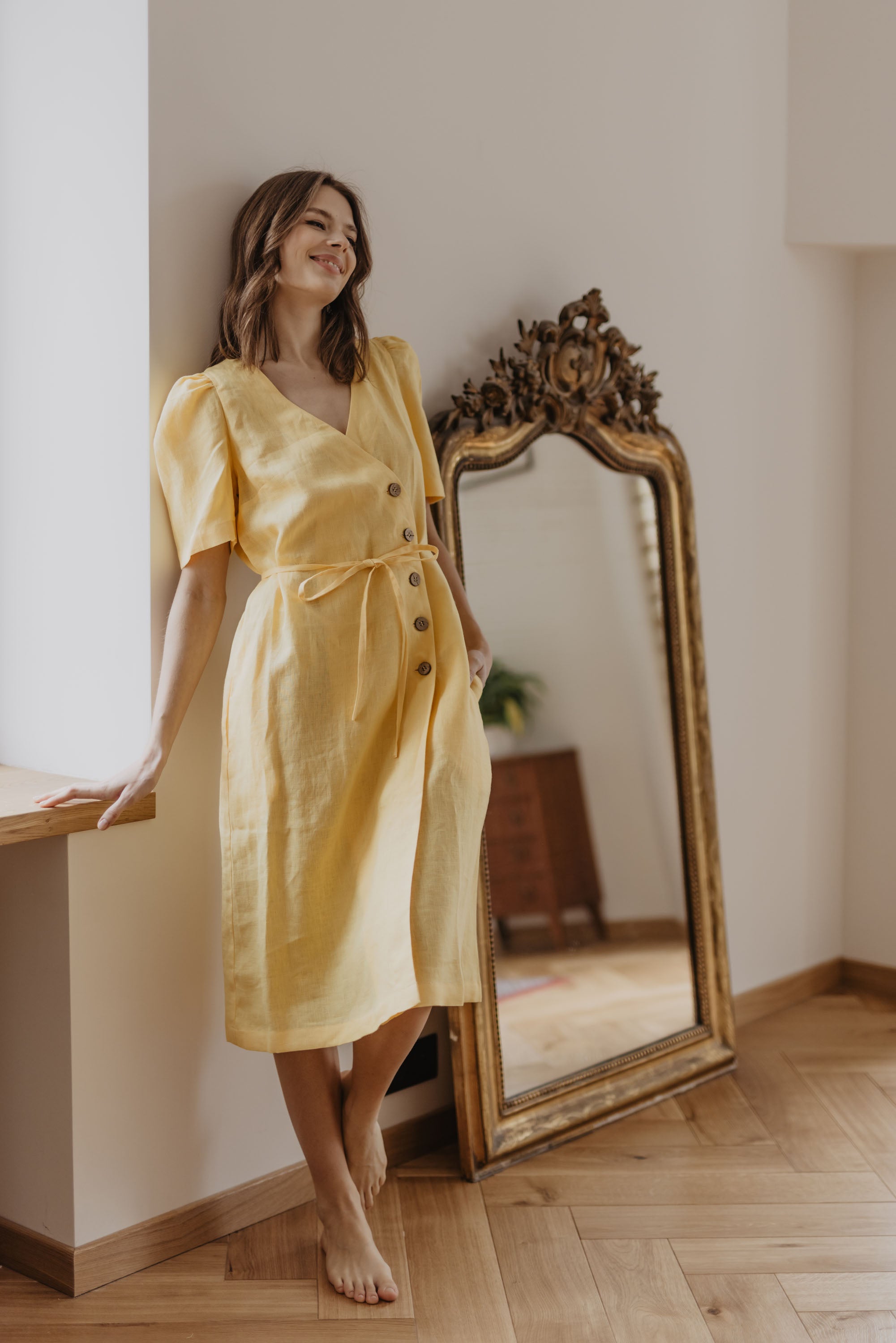 Laumė linen Linen Dresses Smiltyne robe portefeuille en lin rose poudré