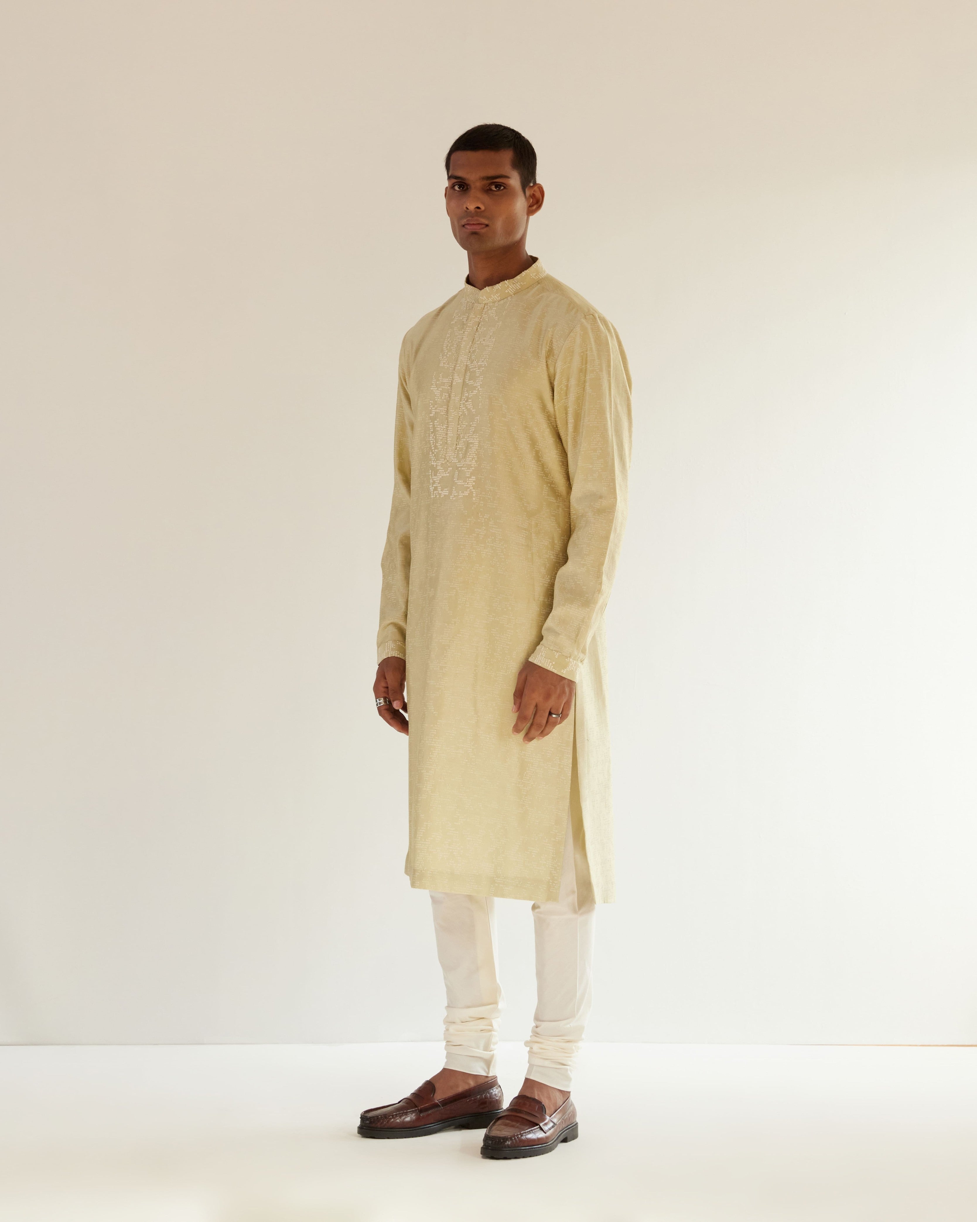COUNTRYMADE Kurtas Camo-Block Print Kurta Set With Embroidered Yoke ensemble vert sauge