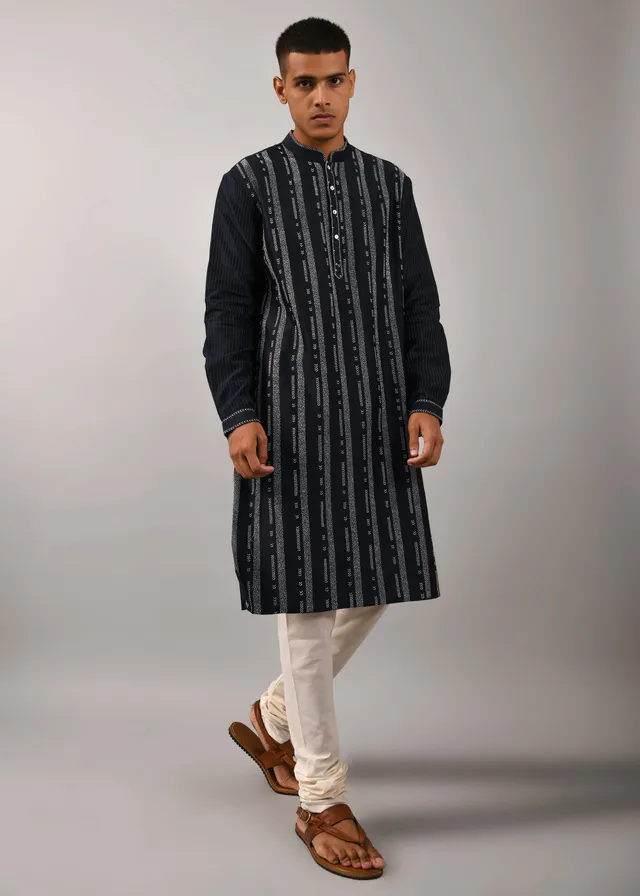 COUNTRYMADE Kurtas Contrail Hand Embroidered Kurta Set ensemble chanderi bleu marine
