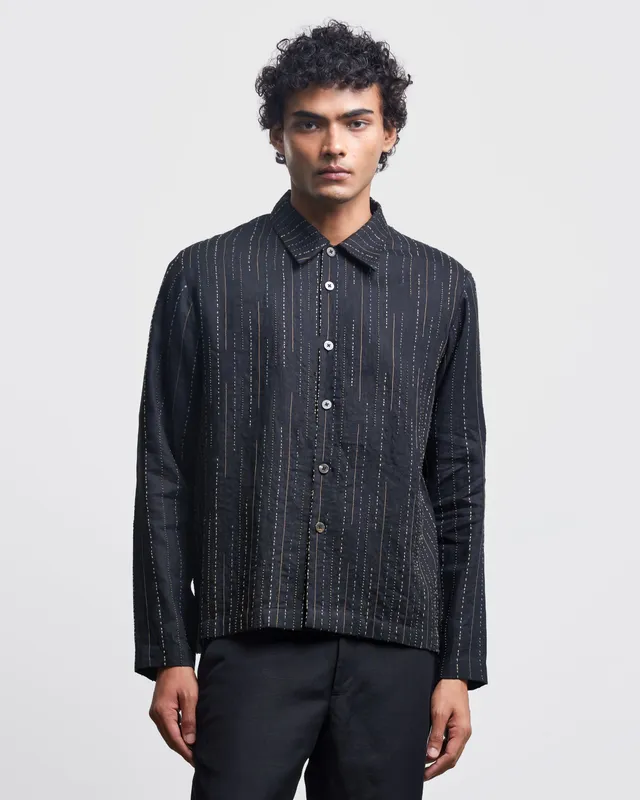 COUNTRYMADE Shirts THREE LINE STITCH OVERSHIRT surchemise noir en lin brodé