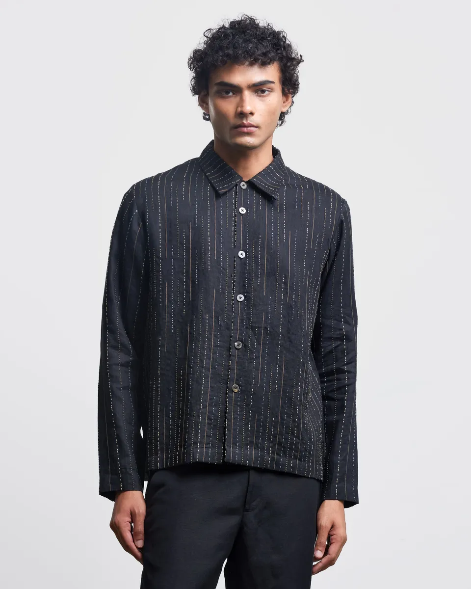 COUNTRYMADE Shirts THREE LINE STITCH OVERSHIRT surchemise noir en lin brodé