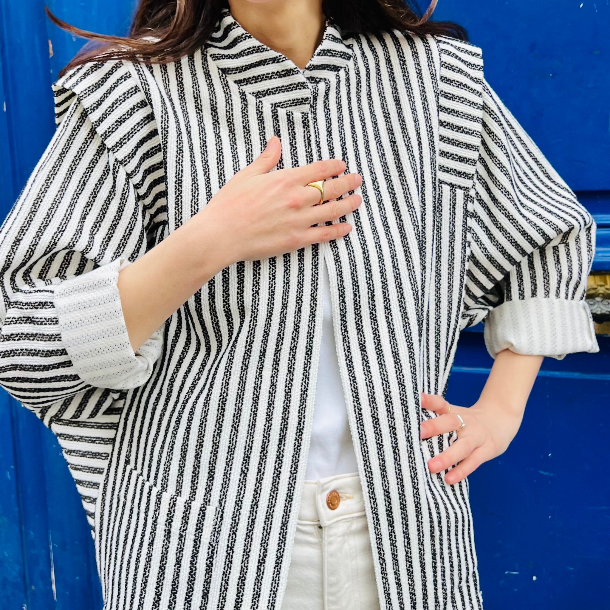 PANTRUCHE Vestes Veste BETTINA rayée en tweed noir et blanc