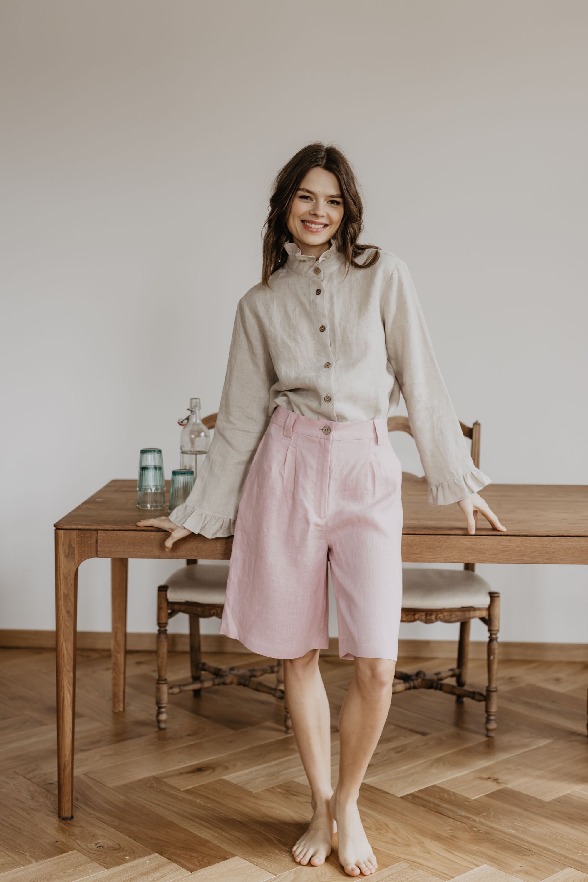 Laumė linen Linen Bottoms Palanga short en lin à rayures beiges